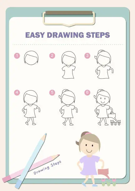 Vector illustration of How to draw a girl, easy drawing steps for kids