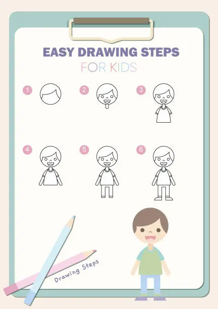 Vector illustration of How to draw a boy, easy drawing steps for kids