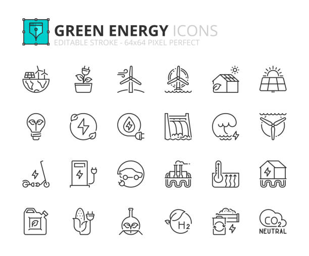 простой набор контурных иконок о зеленой энергии. экологическая концепция. - tidal energy stock illustrations