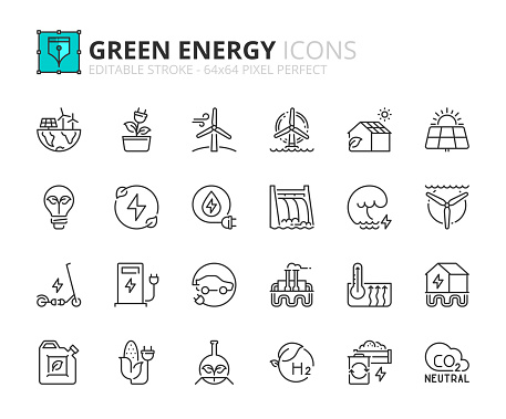 Outline icons about green energy. Ecology concept. Contains such icons as CO2 neutral, solar, geothermal and wind energy, hydropower, biofuel and biomass. Editable stroke Vector 64x64 pixel perfect