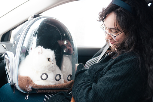 Cat in Pet Backpack Ready to be Driven to the Vet