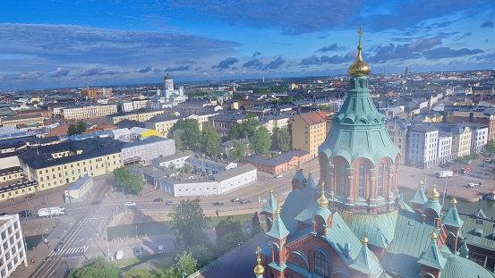 Aerial view of Helsinki skyline from Uspenski Cathedral.
