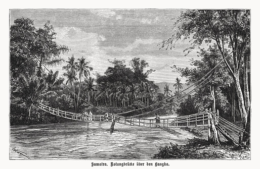 Rattan bridge over the Botang River in Sumatra. Nostalgic scene from the past. Wood engraving after a drawing, published in 1899.