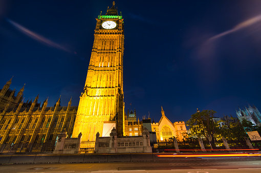 The Big Ben and Houses of Parliament in London at night, UK.