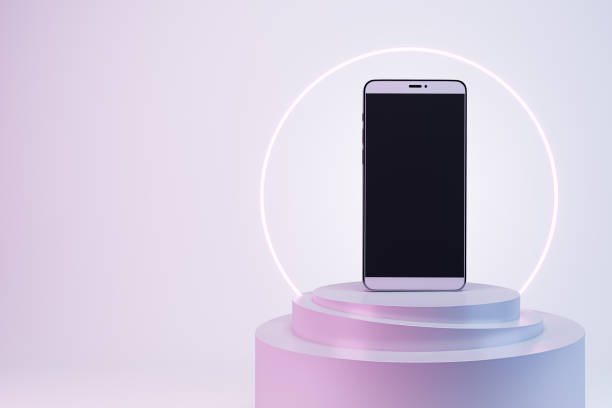 istock Empty smartphone with creative glowing round banner and mock up place on screen. Advertisement and fashion concept. 3D Rendering. 1459439770