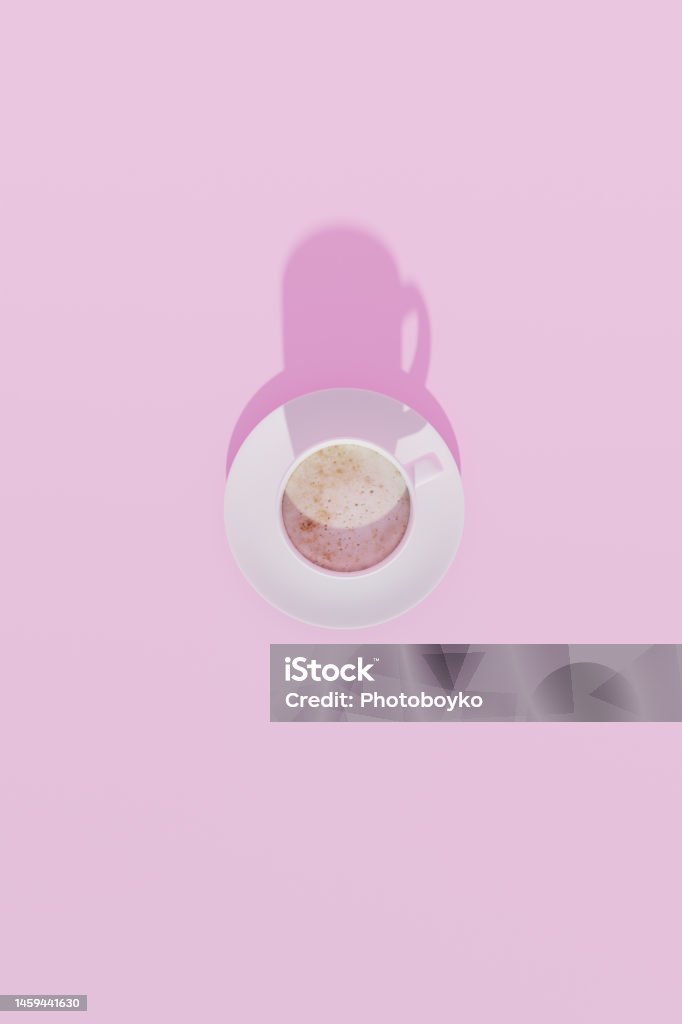 Cup of cappuccino, overhead shot against pink background, 3d rendering. Digital illustration of a caffeinated drink, classic italian coffee culture Breakfast Stock Photo