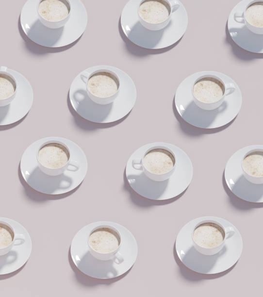 istock Pattern of coffee cups in tan pastel background, 3d rendering. Coffee culture cappuccino drinks, daily caffeine consumption 1459441633