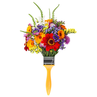 Creative design with paint brush and beautiful flowers on white background. Spring is coming
