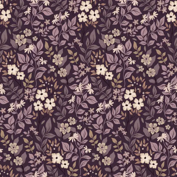 Vector illustration of Seamless floral pattern with ornate vintage garden: small wild plants, flowers, leaves in dark purple colors. Hand drawn, vector.