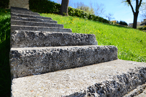 Stone stairs and green grass outdoors on sunny day, closeup