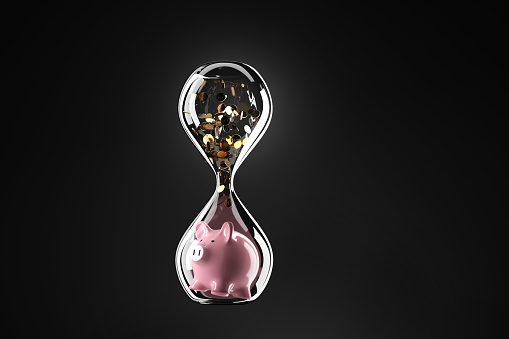Heap of coins are being poured into a pink piggy bank inside a hour glass. Illustration of the concept of compound interest and time management