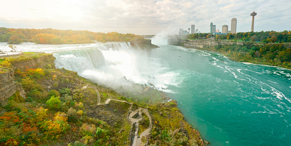 An aerial view shows the American Falls and the city of Niagara Falls, New York, as seen from the Canadian side