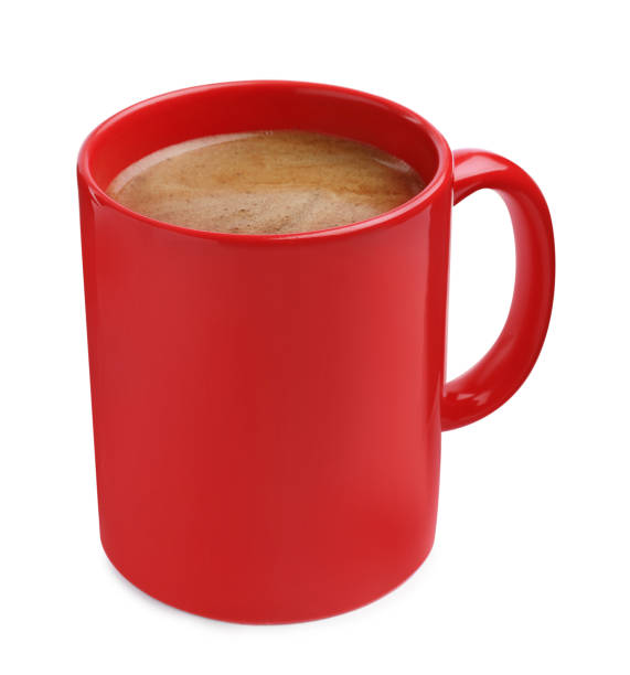 istock Fresh aromatic coffee in red mug isolated on white 1459445880