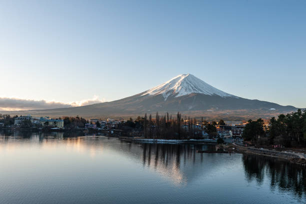 Mount Fuji at Sunrise Mount Fuji on a bright winter morning, as seen from across lake Kawaguchi, and the nearby town of Kawaguchiko. mt fuji stock pictures, royalty-free photos & images