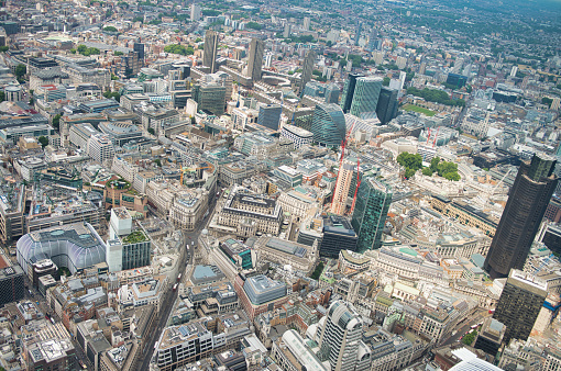Aerial view of London buildings and skyscrapers, United Kingdom.