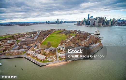 istock Ellis Island aerial view from helicopter in winter season, New York City - USA 1459458484