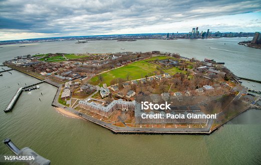 istock Ellis Island aerial view from helicopter in winter season, New York City - USA 1459458584