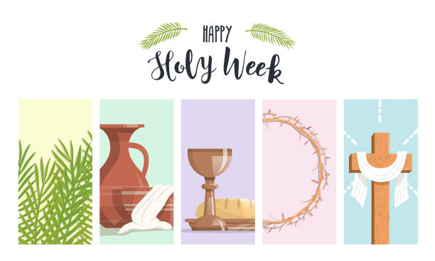 Holy Week banner with palm branches, the washing of the feet, the last supper, crown of thorns and the cross Holy Week banner with palm branches, the washing of the feet, the last supper, crown of thorns and the cross. Vector illustration easter sunday stock illustrations