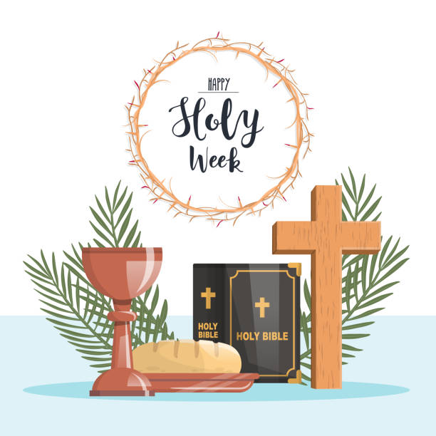 pekan suci. roti dan piala, salib, ranting-ranting pohon palem, mahkota duri dan alkitab - maundy-thursday ilustrasi stok
