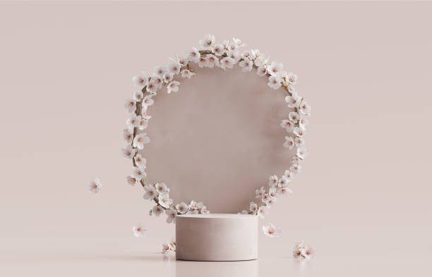 istock 3D background, podium display with frame. Sakura pink flower tree branch. Cosmetic or beauty product promotion step floral pedestal. Abstract minimal advertise. 3D render copy space spring mockup. 1459460271