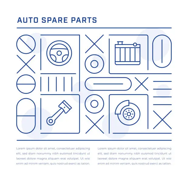 Vector illustration of Auto Spare Parts Web Banner Design with Steering Wheel, Radiator, Piston, Brake Lining Line Icons