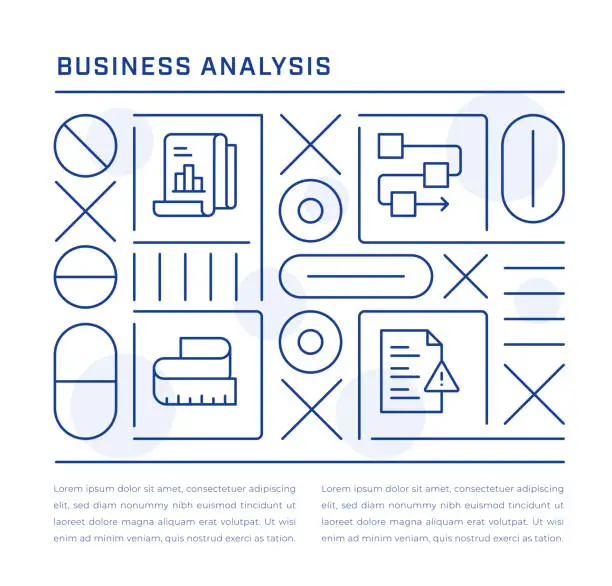 Vector illustration of Business Analysis Web Banner Design with Reports, Flow Chart, Measure, Business Risk Line Icons