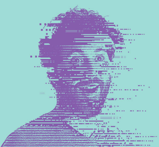 Man with funny facial expression and glitch technique Man with funny facial expression and glitch technique distorted face stock illustrations