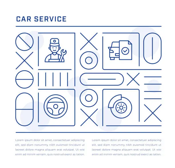 Vector illustration of Car Service Web Banner Design with Mechanic, Vehicle Inspection, Steering Wheel, Brake Lining Line Icons