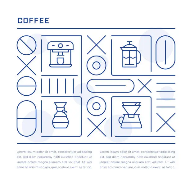 Vector illustration of Coffee Web Banner Design with Coffee Maker, French Press, Chemex, V60 Line Icons