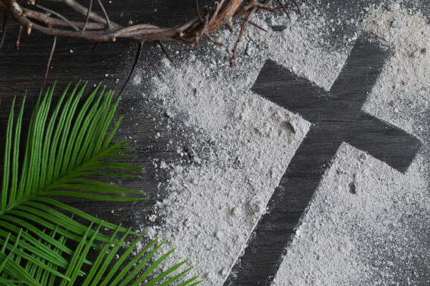 Ashes cross, palms and crown of thorns stock photo