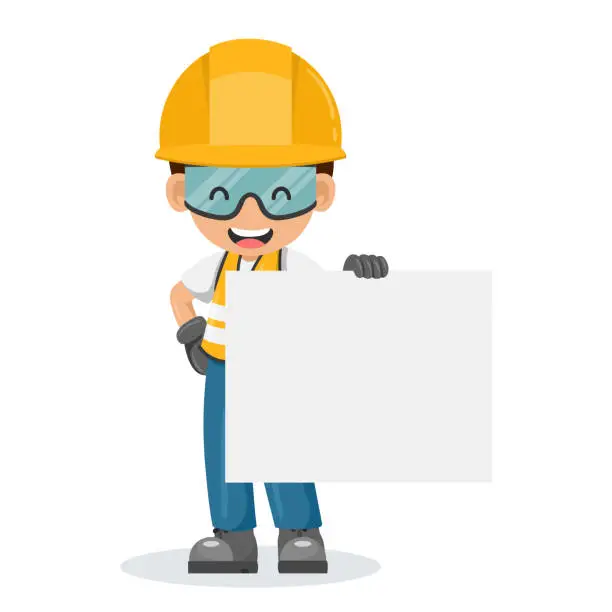 Vector illustration of Industrial worker with his personal protective equipment holding a banner with space for text for advertising, presentations, brochures. Industrial safety and occupational health at work