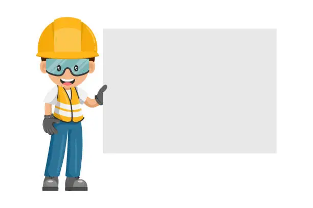 Vector illustration of Industrial worker with his personal protective equipment holding poster or banner with space for text for advertising, presentations, brochures. Industrial safety and occupational health at work