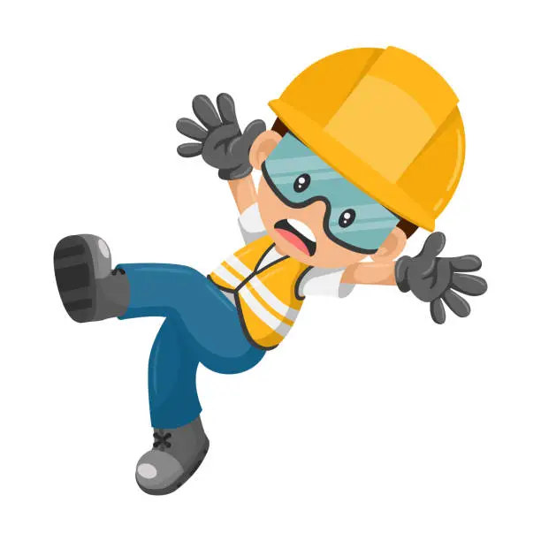 Vector illustration of Industrial worker with his personal protection equipment slipping or having a fall. Industrial safety and occupational health at work