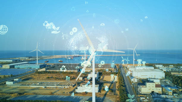 istock Wind power plant and technology. Smart grid. Renewable energy. Sustainable resources. 1459471241