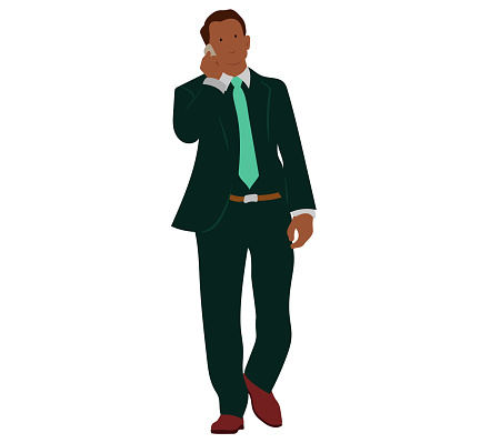 young business man wearing a suit and walking down the street while talking on his cellphone.  Flat design illustration