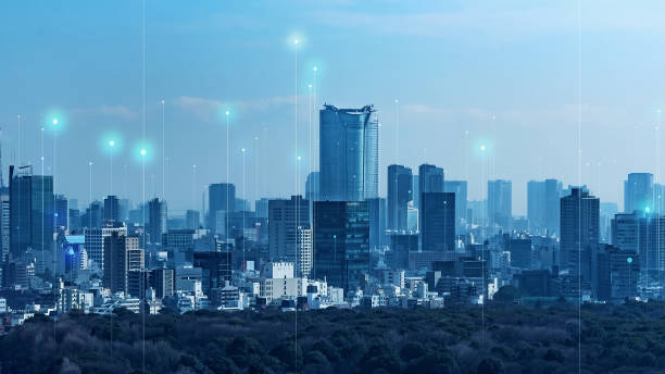 現代の街並みと上昇する矢印のシンボル。都市開発のコンセプト。 - tokyo prefecture ストックフォトと画像