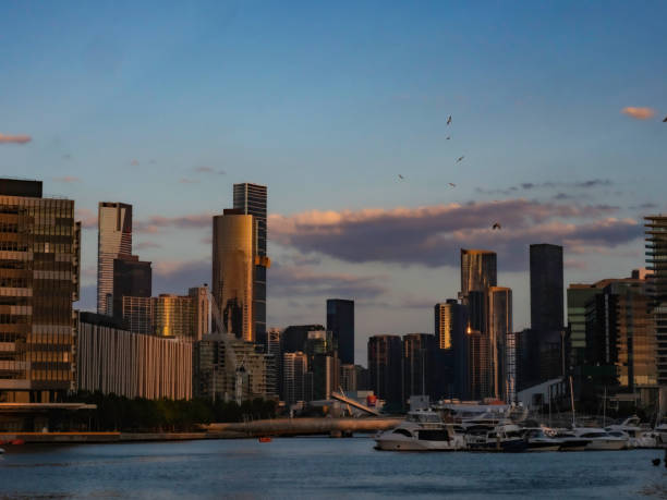 istock Urban skyline ad river at sunset 1459477012