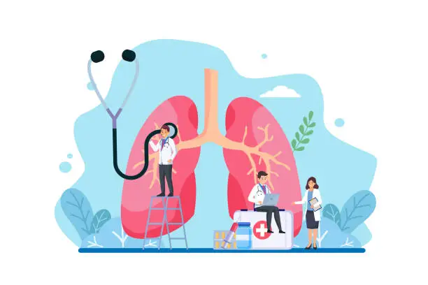 Vector illustration of Health care and life insurance concept. World health day. Lungs check, Internal organ inspection check for illness cancer. Vector illustration