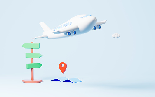Airplane and guidepost with blue background, Travel theme, 3d rendering.