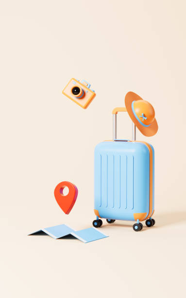 istock Luggage and camera in the yellow background, 3d rendering. 1459496323