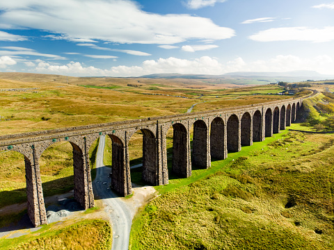 Aerial view of Ribblehead viaduct, located in North Yorkshire, the longest and the third tallest structure on the Settle-Carlisle line. Tourist attractions in Yorkshire Dales National Park, England.