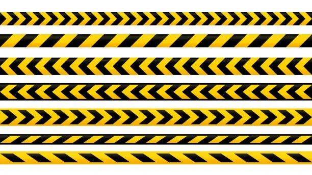 Vector illustration of Caution tape set. Yellow and black warning stripes collection. Repeating construction, hazard, danger sellotapes. Restriction and prohibition zones adhesive tapes background. Vector