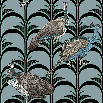 A new take on a classic and elegant art deco motif, featuring peacocks and peahens placed on a simplified palm seamless pattern. Global colours, easy to change.
