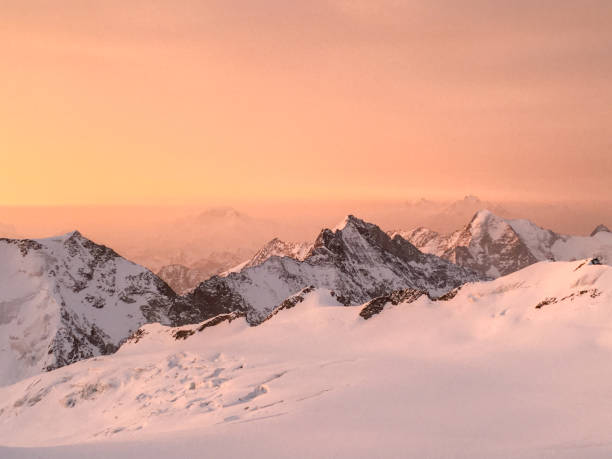 spectacular sunset over a glacier in switzerland - european alps switzerland glacier high angle view imagens e fotografias de stock