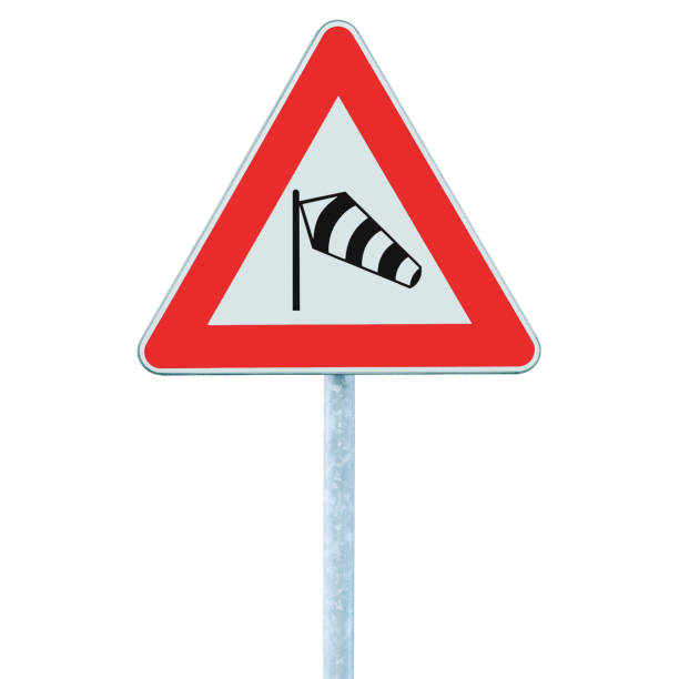 istock Sudden side cross winds likely ahead road sign, isolated traffic warning flying sock crosswinds sidewind signage, hazard danger windsock icon red frame triangle, large detailed vertical closeup, grey pole post 1459509560