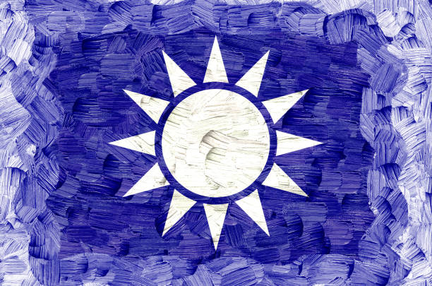 Fabric flag of Kuomintang. A white Sun with twelve rays on blue background.