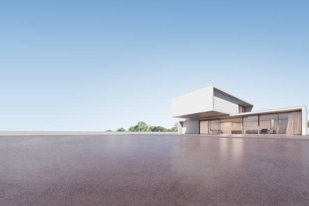 3d render of modern architecture with empty concrete floor.