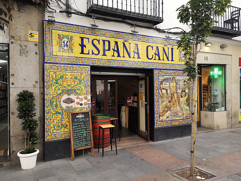 Exterior view of a traditional Tapas restaurant in central Madrid, Spain.