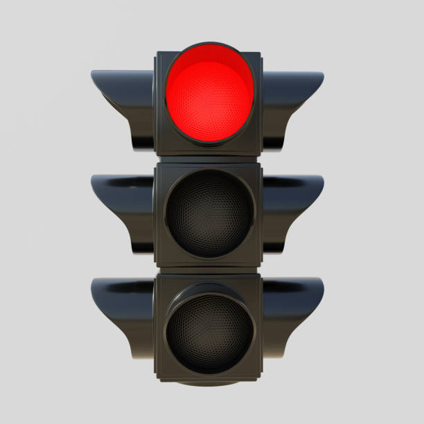 istock Red Traffic Light isolated cutout on grey background. Semaphore with red stop signal. 3d render 1459525930