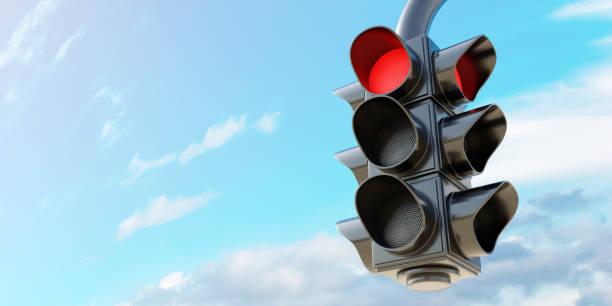 istock Hanging Traffic Light, red stop signal on cloudy sky background. Space for text. 3d render 1459525981